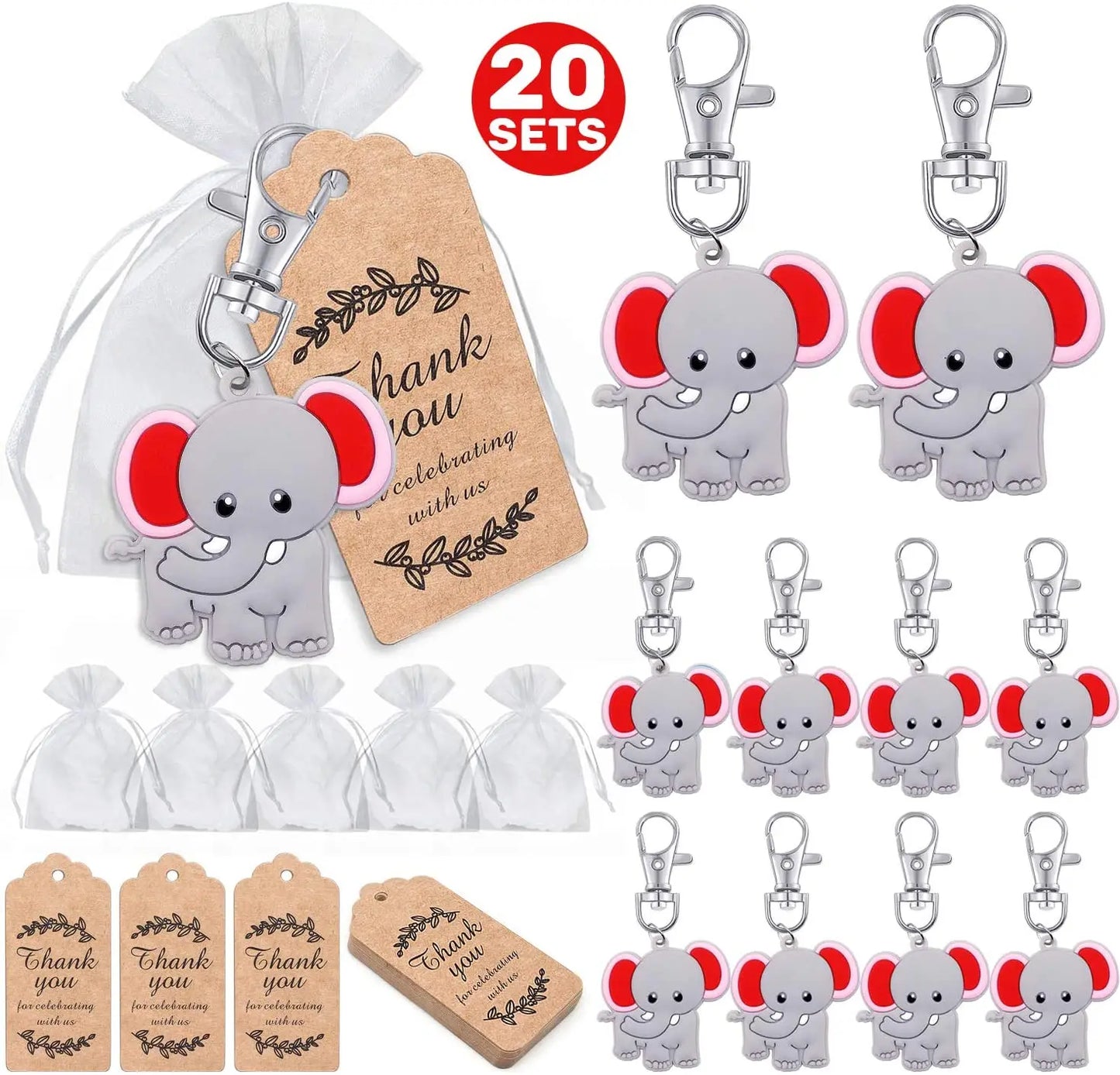 Set of elephant keychains with 'thank you' tags and packaging on a white background