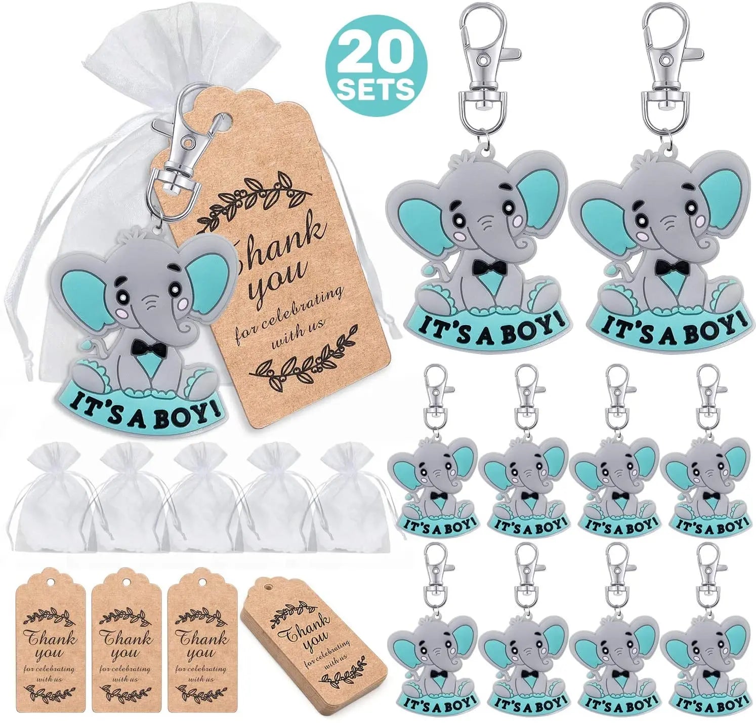 Set of elephant keychains with 'It's a Boy!' text and matching tags, including packaging and additional keychains.