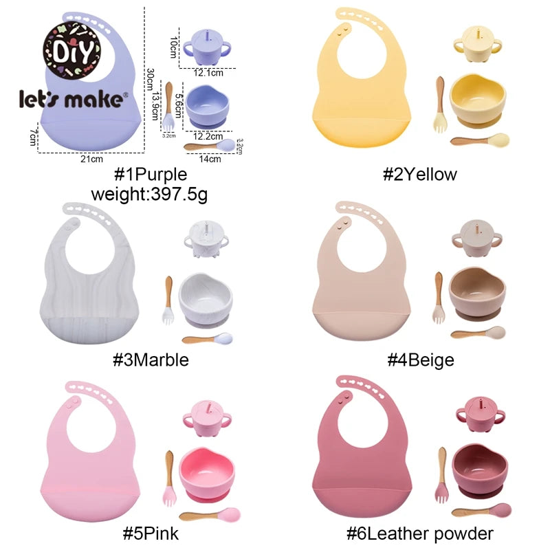Baby bibs and accessories in various colors with measurements and weights on a white background.