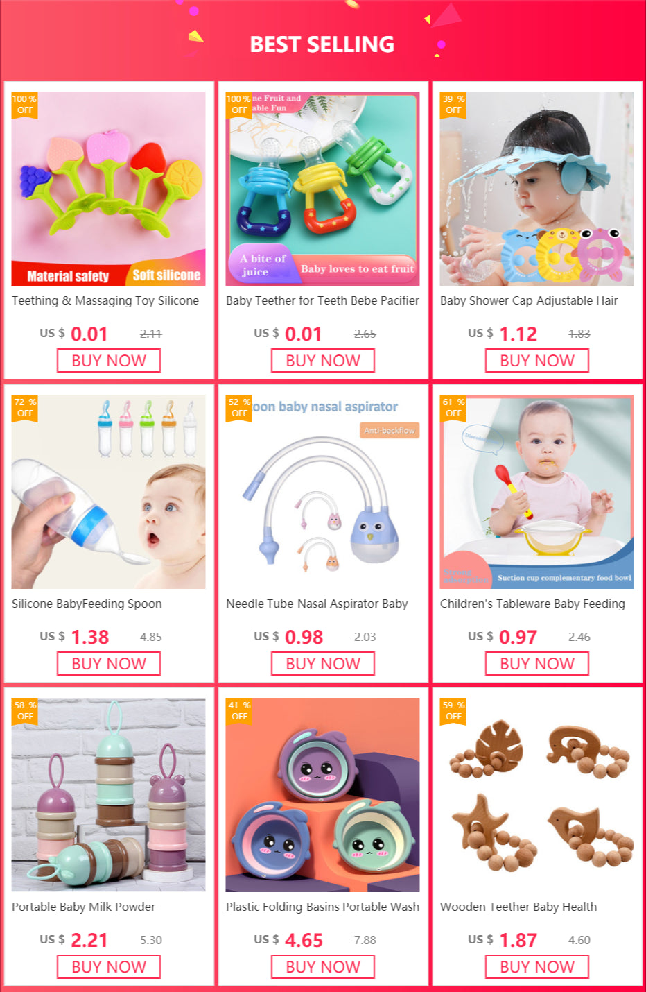 Grid of baby products with 'Best Selling' label on a pink background