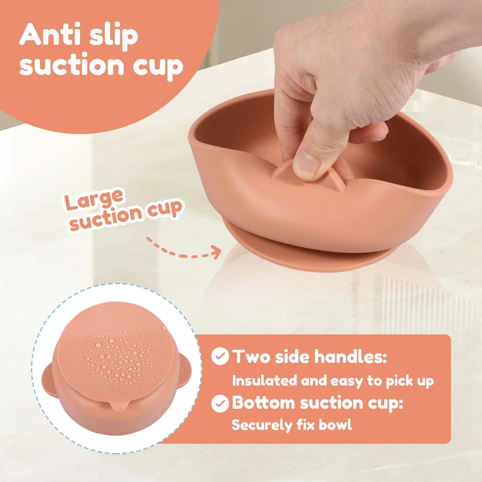 Pink pet bowl with anti-slip suction cup and large suction cup feature, on a light background.
