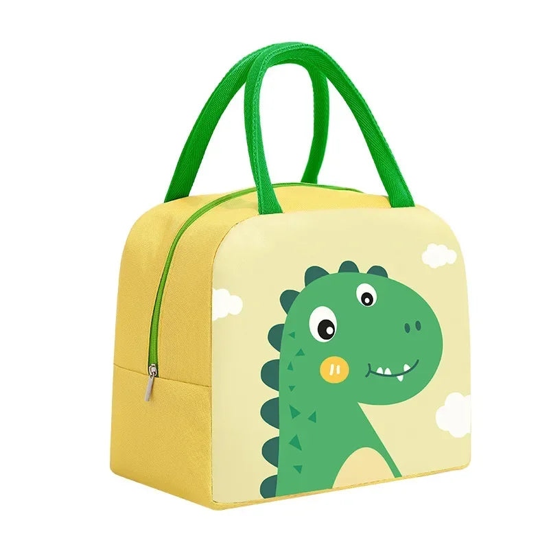 Yellow lunch bag with green dinosaur design on a white background