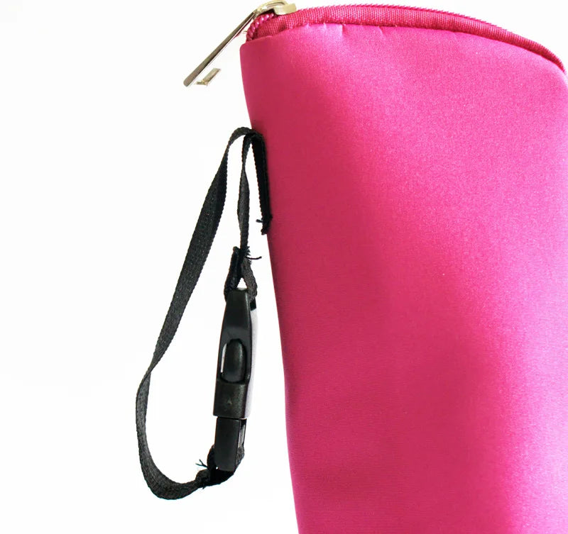 Pink neoprene pouch with a black strap on a white background