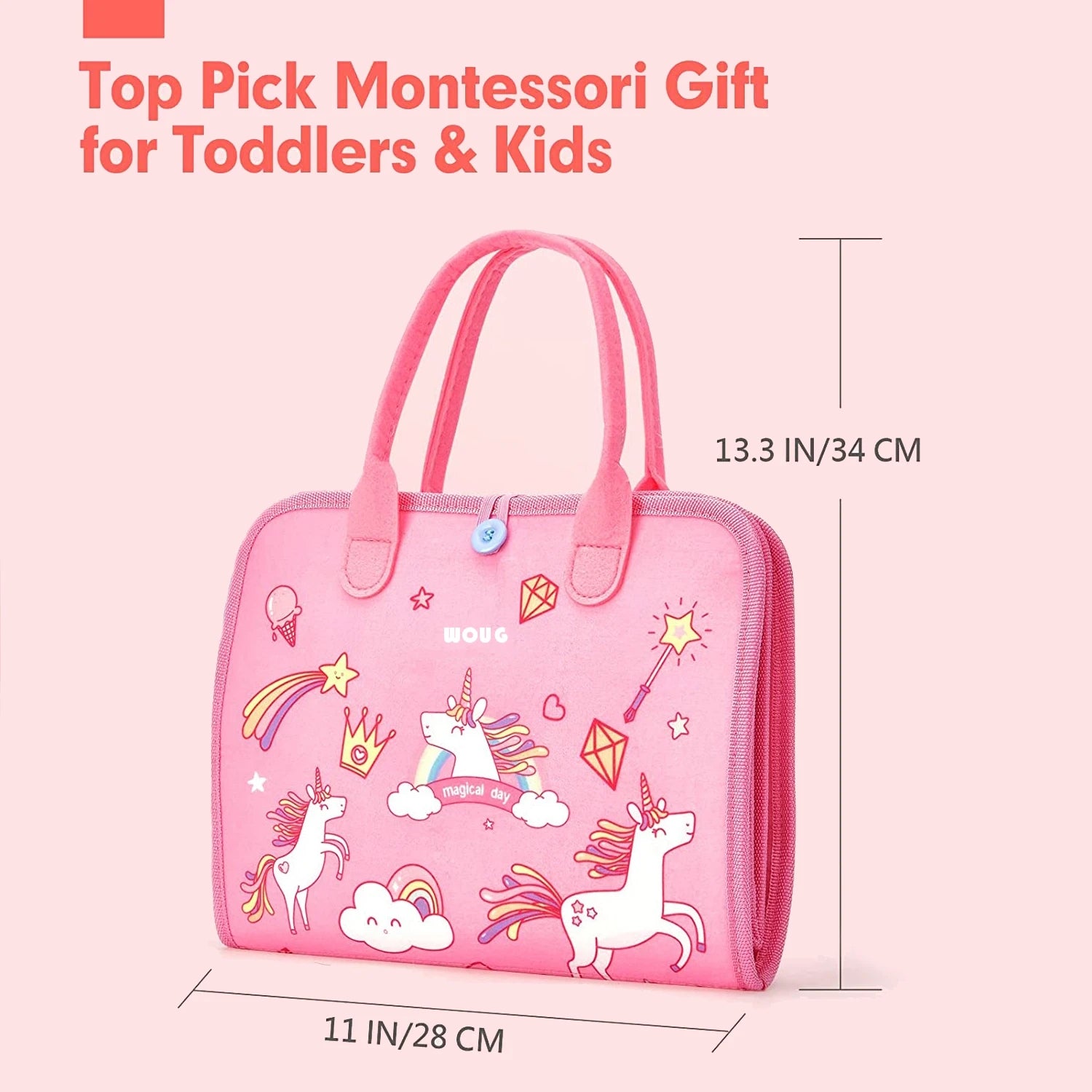 Pink children's bag with unicorn designs and measurements on a light pink background
