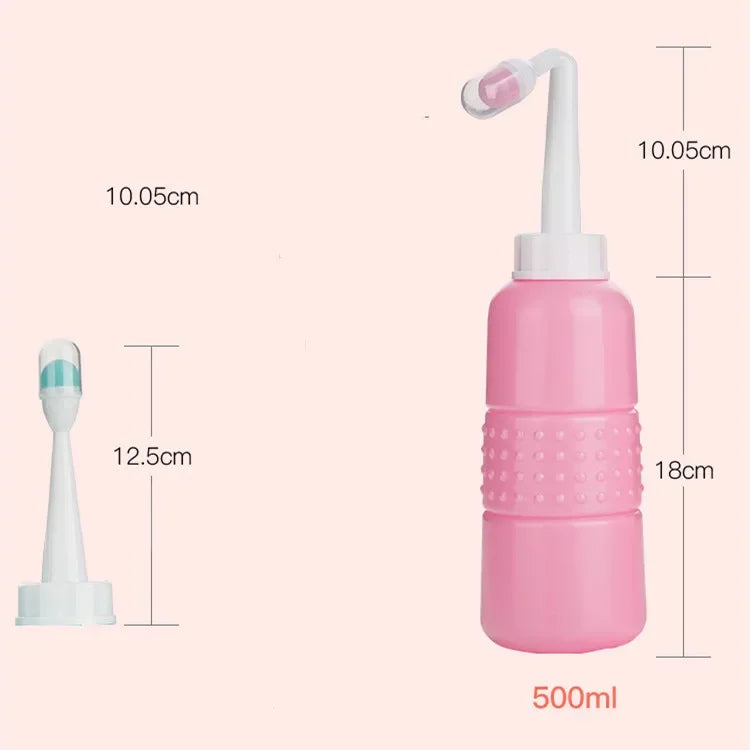 Pink dental water flosser with measurements on a pink background