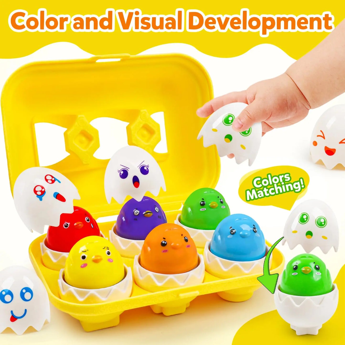 Colorful toy eggs with faces in a yellow egg carton, promoting color matching.