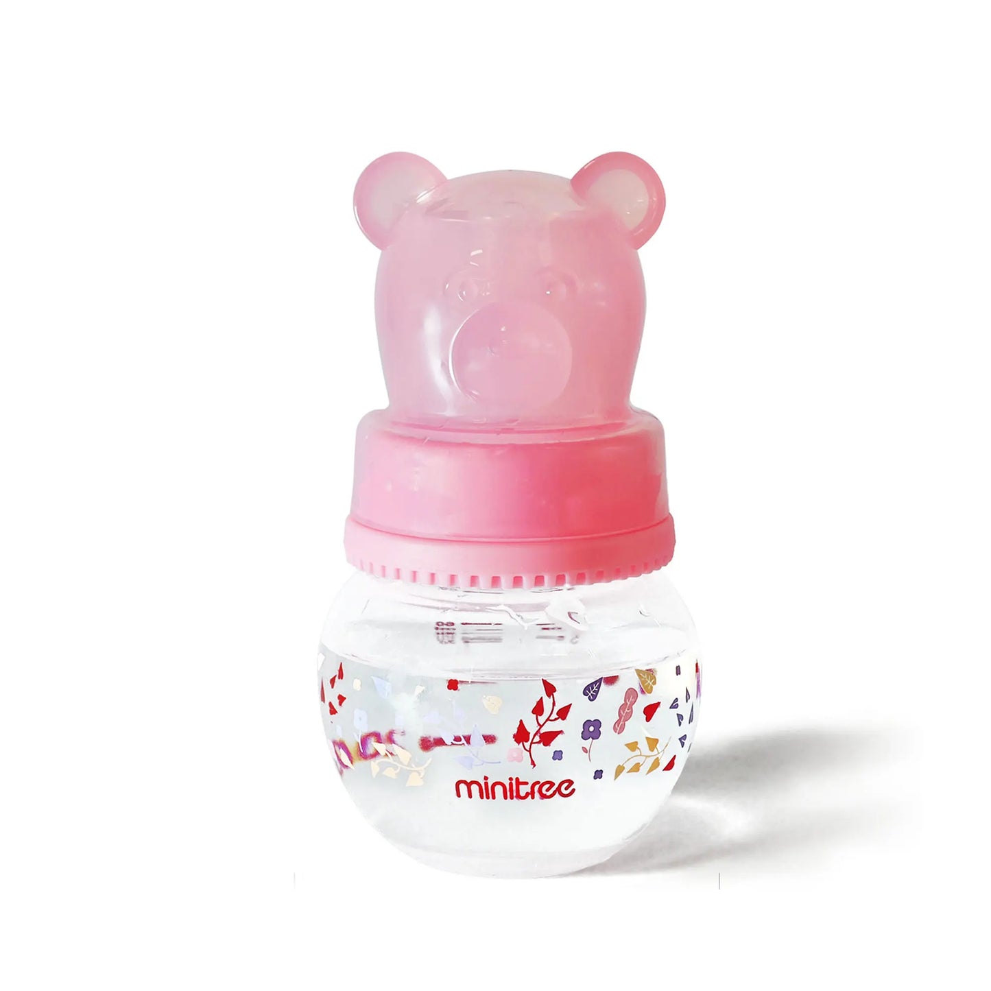 Pink bear-shaped bottle with floral design on a white background