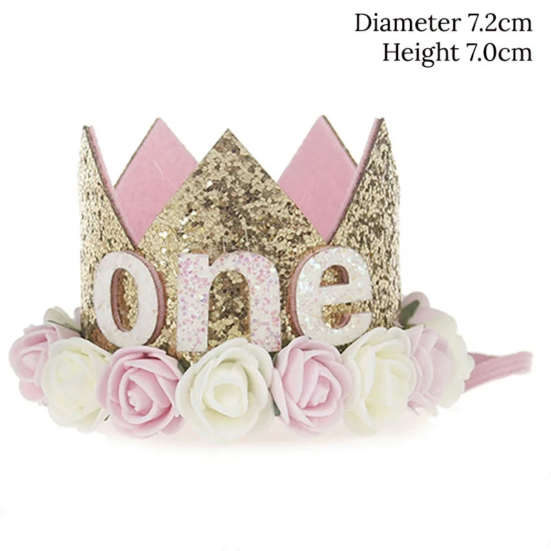 Gold and pink birthday crown with flowers on a white background
