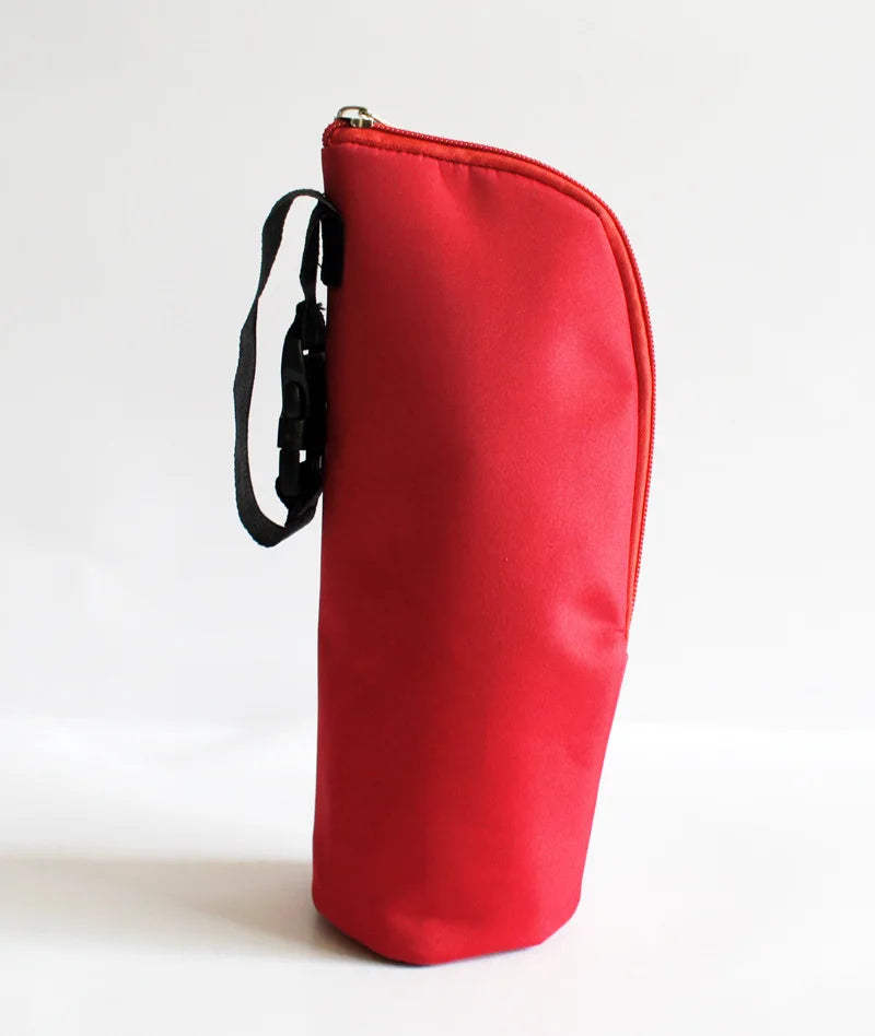 Red pouch with a black strap on a white background