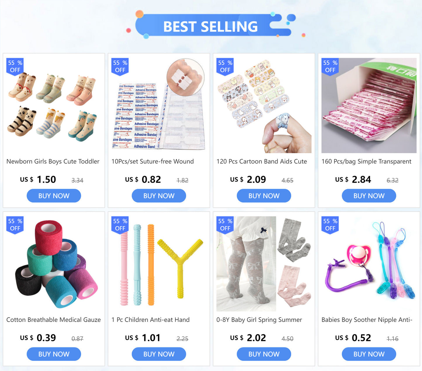 Grid of baby products with 'Best Selling' label on a blue background