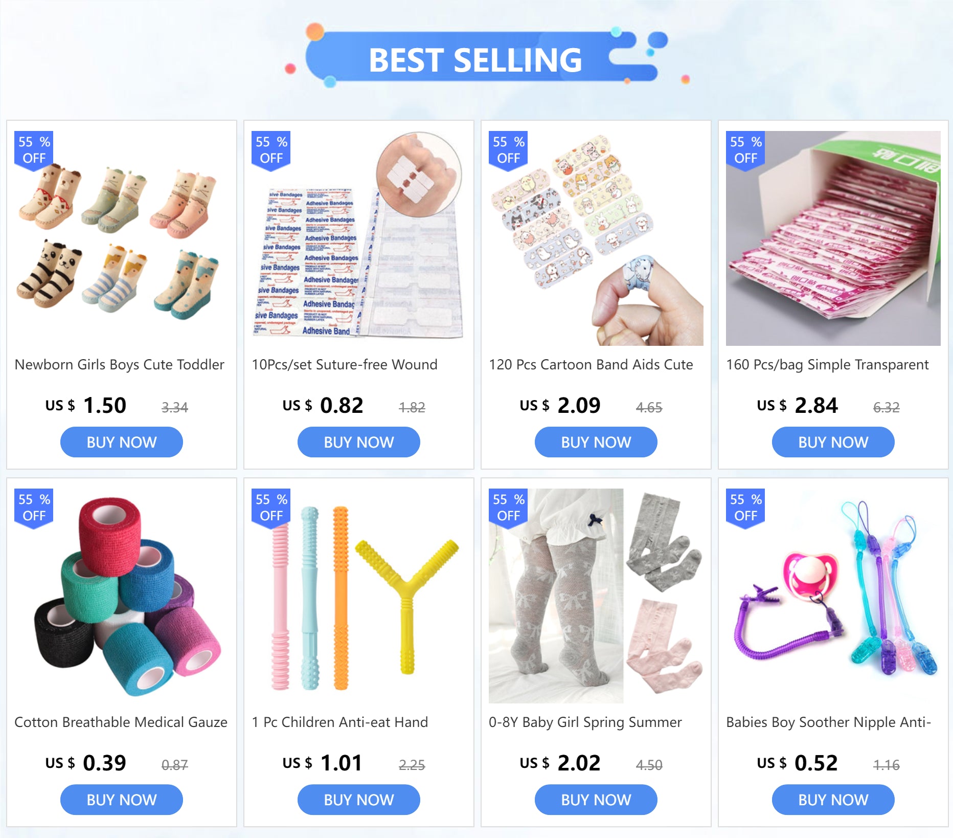 Grid of baby products with 'Best Selling' label on a blue background