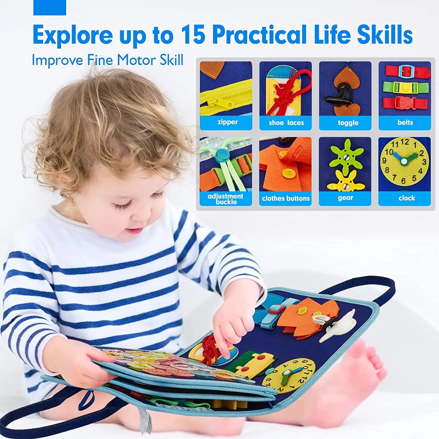 Child playing with a learning toy that teaches practical life skills.