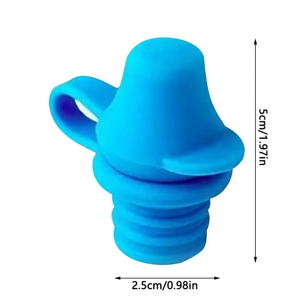 Blue silicone bottle stopper with dimensions on a white background
