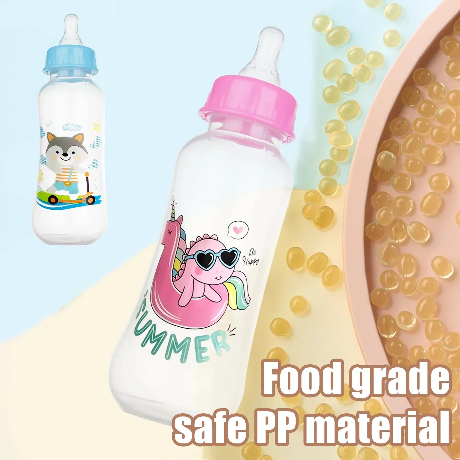 Children's bottle with pink cap and cartoon design, surrounded by yellow beads on a light blue background.