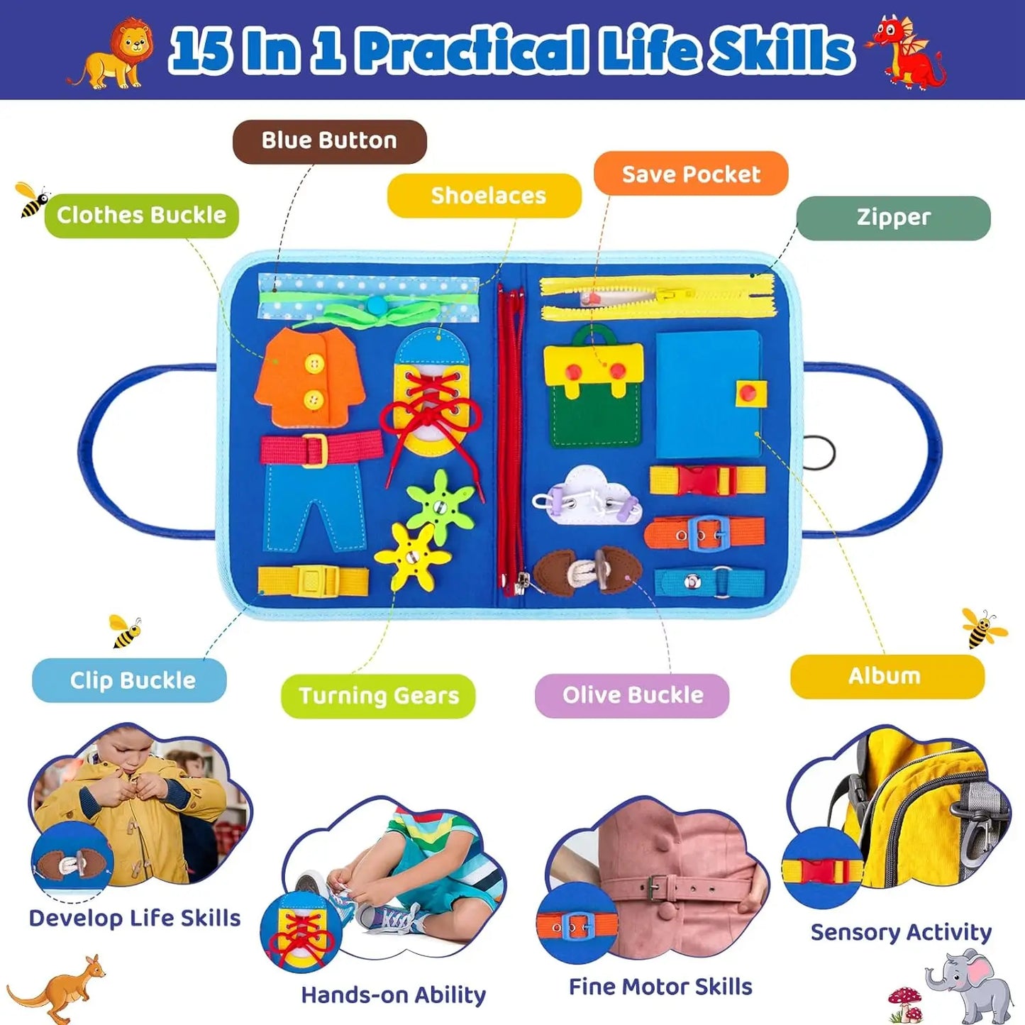 Educational tool for developing practical life skills with various components and illustrations.