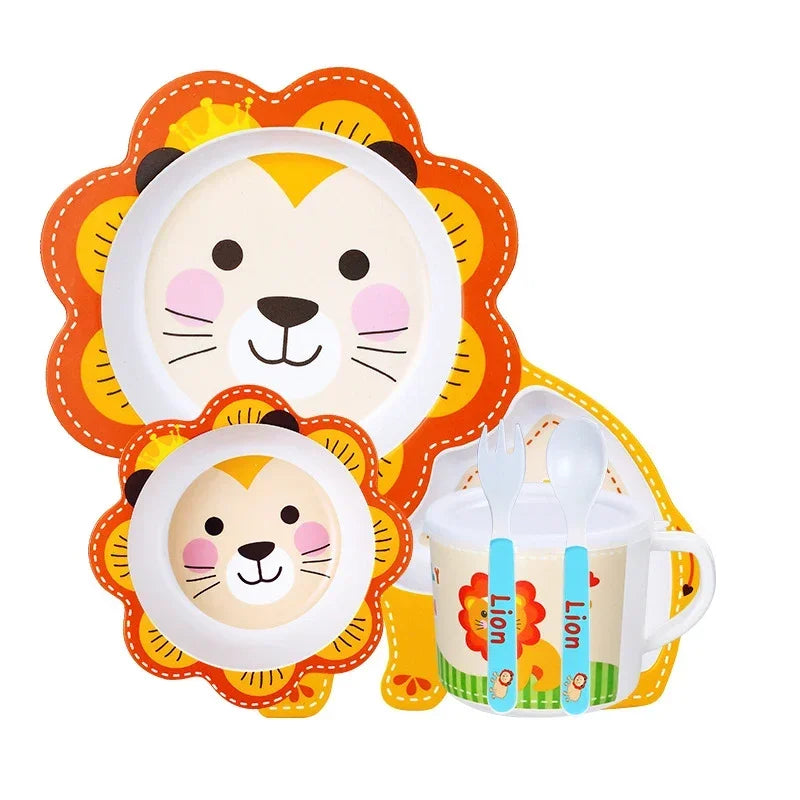 Children's tableware set with lion design on a white background