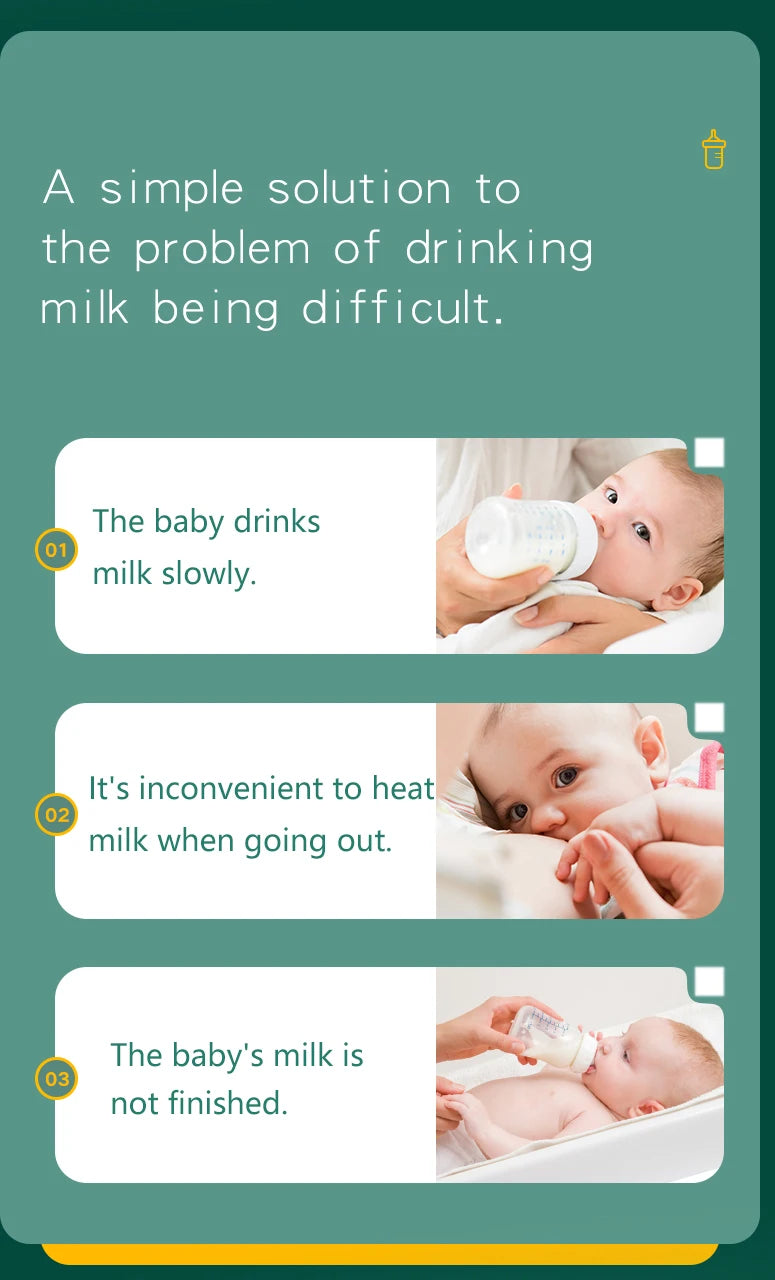 Product advertisement for a solution to difficult baby milk drinking, featuring images of a baby and text on a green background.