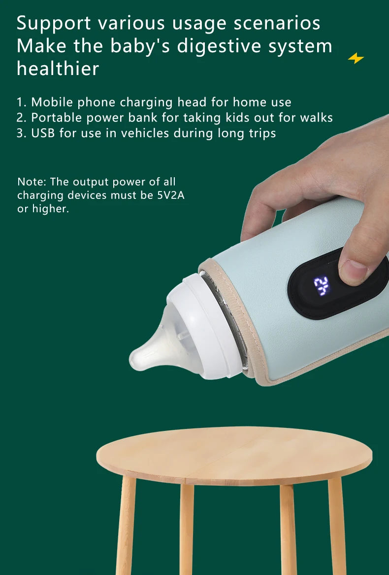 Hand holding a baby bottle with digital display on a green background, featuring text about product uses.