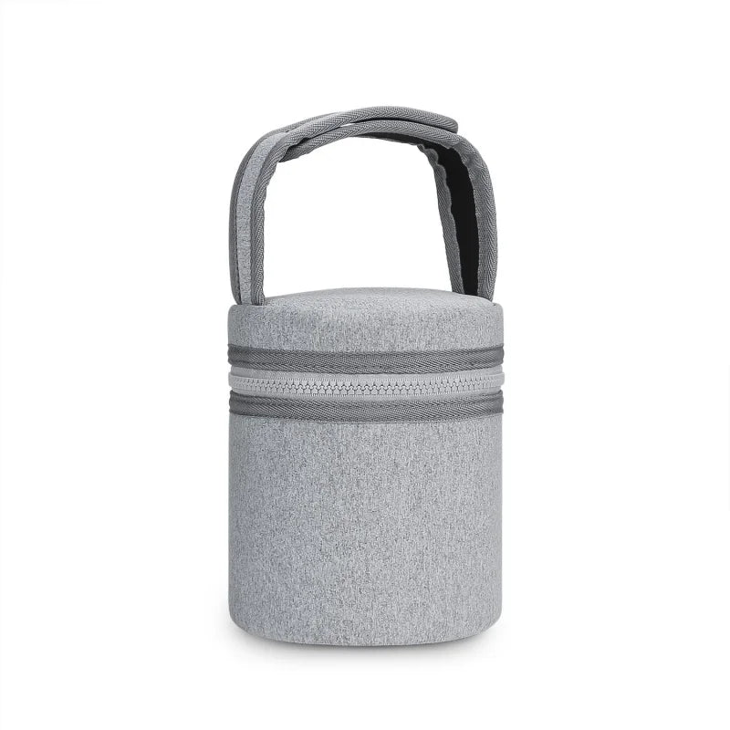 Gray cylindrical pouch with a handle on a white background