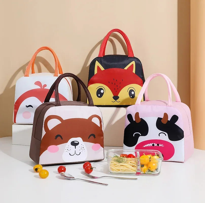 Set of four animal-themed lunch bags on a beige background