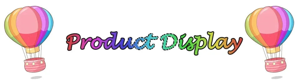 Colorful hot air balloons on either side of the text 'Product Display' on a white background