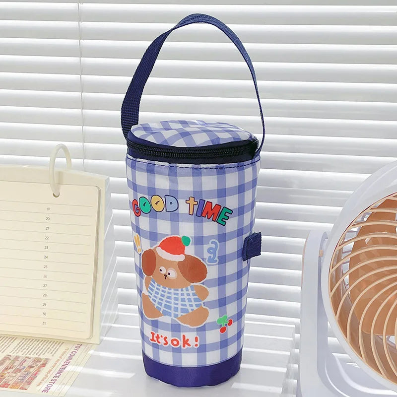 Blue checkered bottle bag with cartoon dog design and 'Good Time' text on a white background.