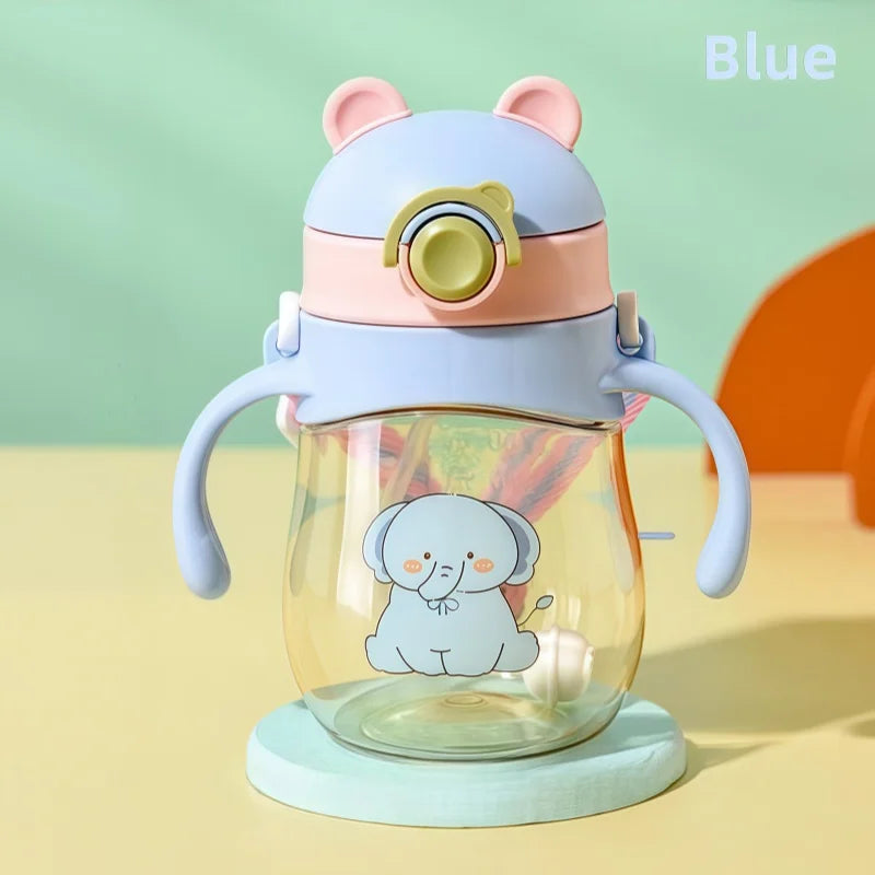 Children's water bottle with cartoon elephant design on a colorful background