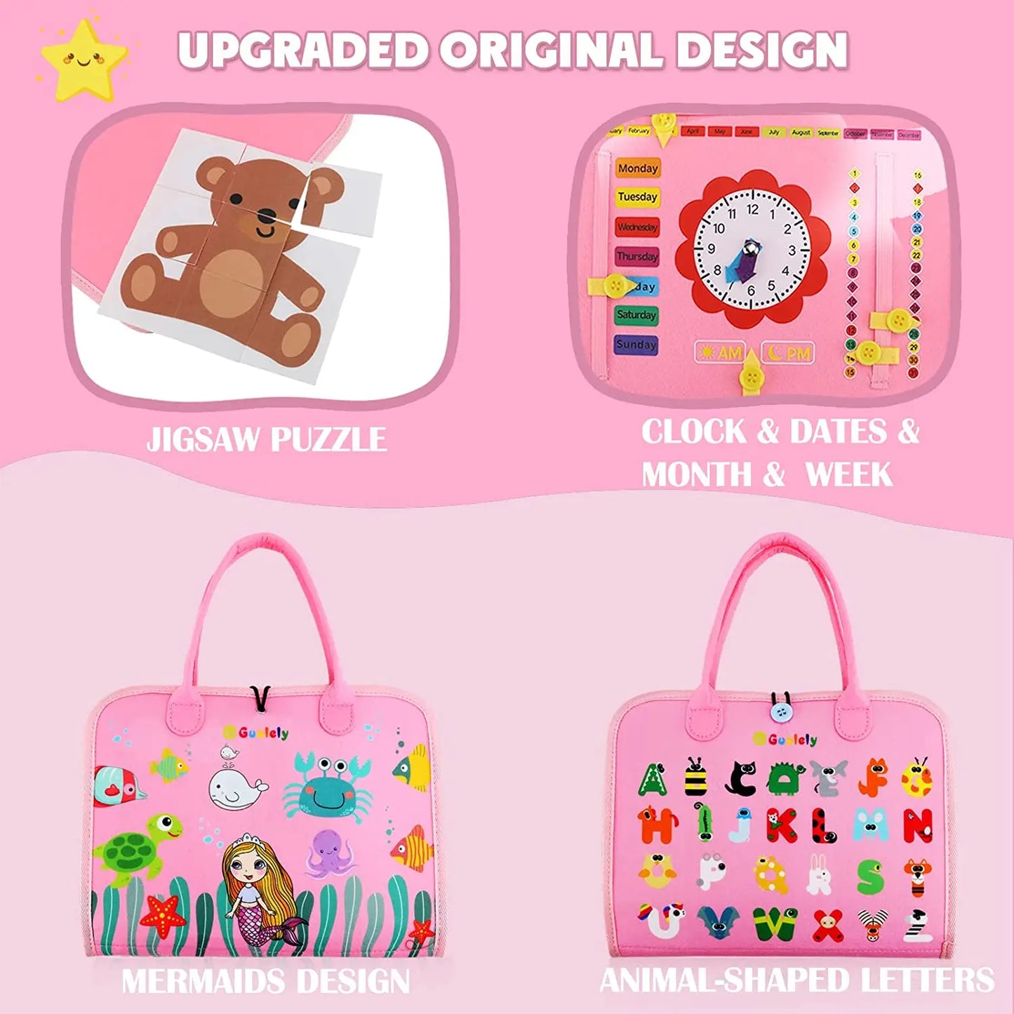 Educational toys and materials for children on a pink background