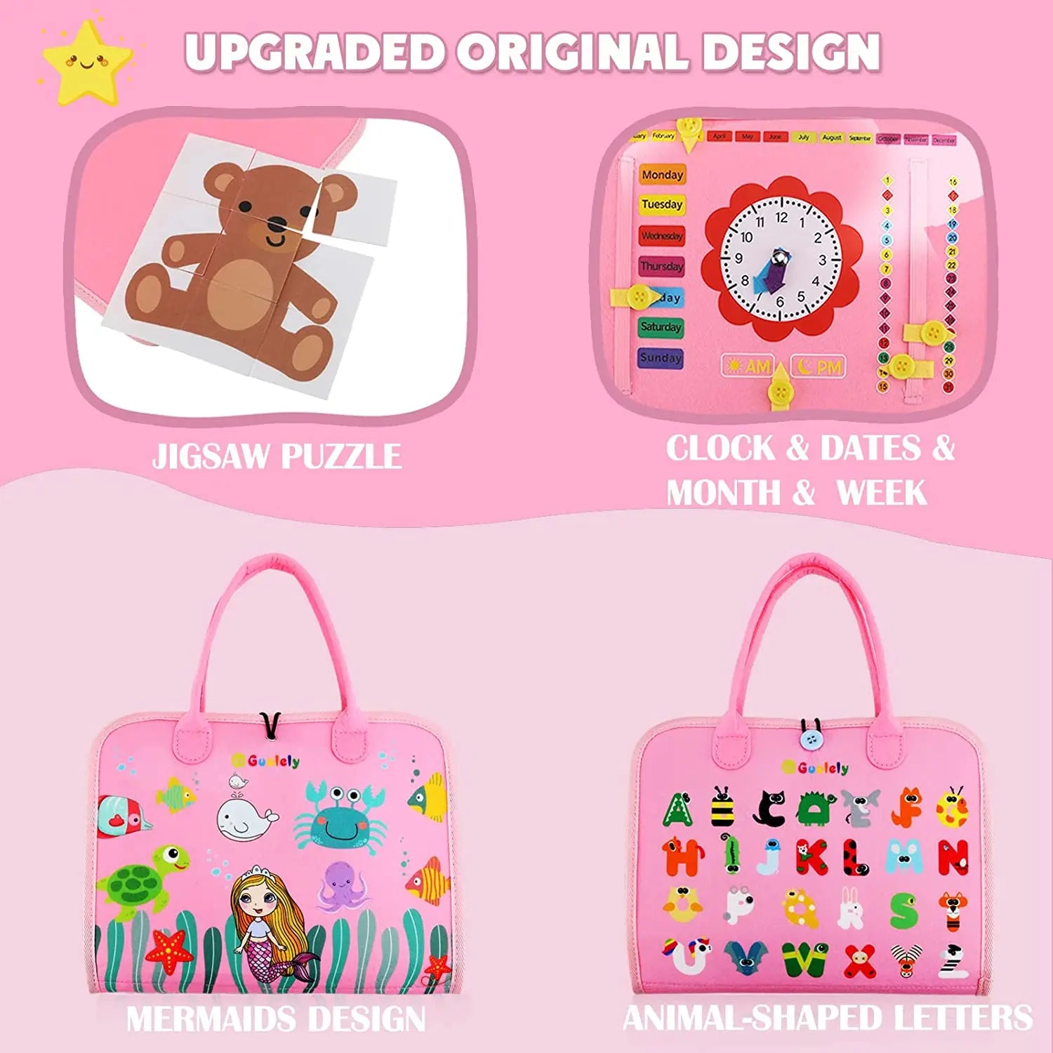 Educational toys and materials for children on a pink background