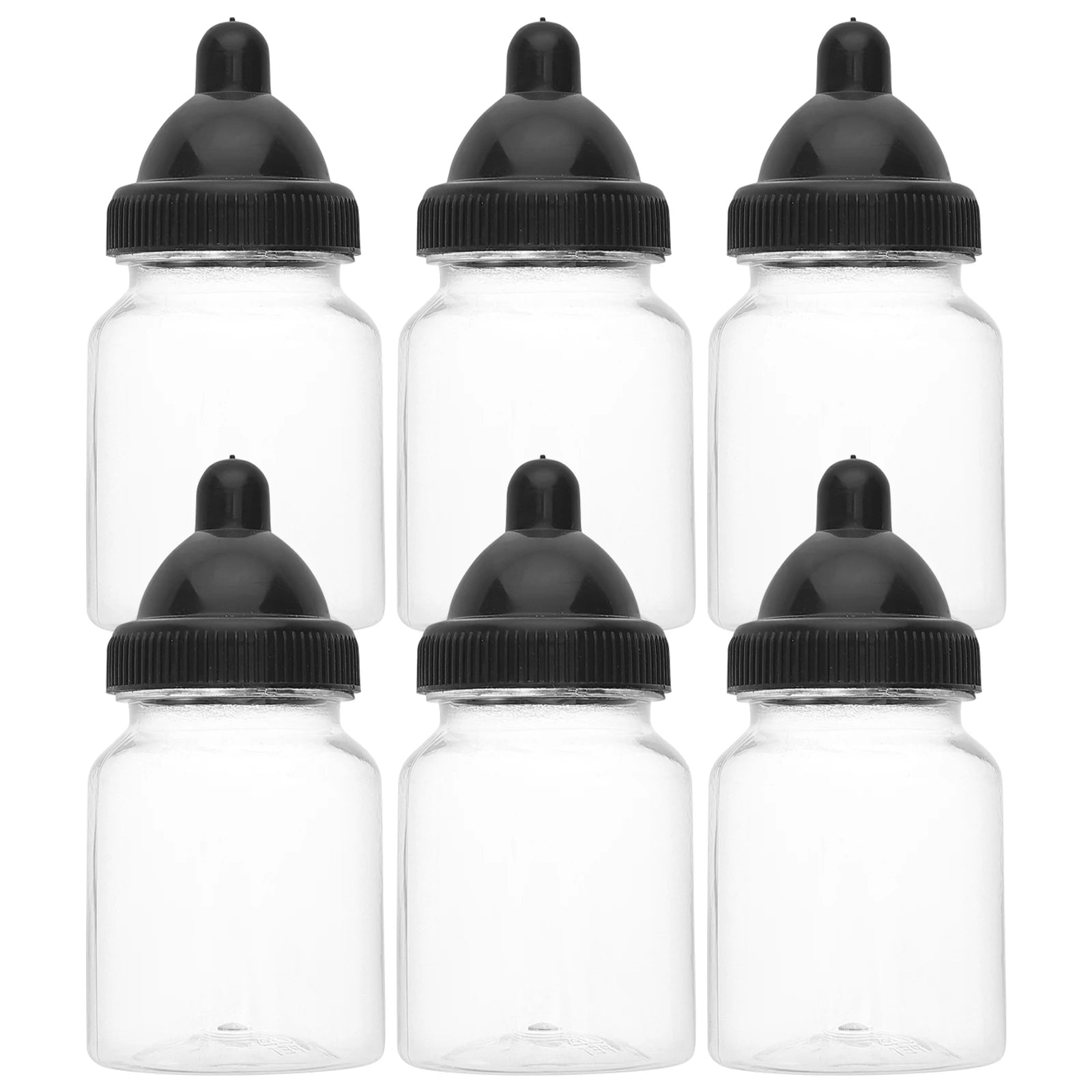 Six clear bottles with black lids on a white background