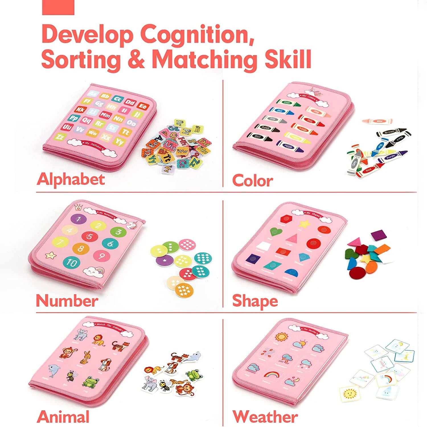 Pink educational toy set with various categories like alphabet, color, number, shape, animal, and weather on a white background.