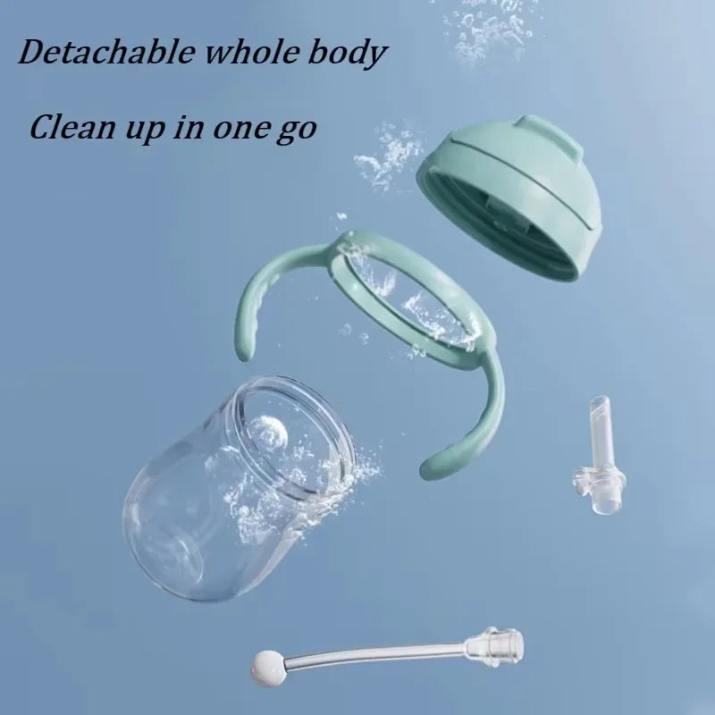 Disassembled cleaning device with text on a blue background