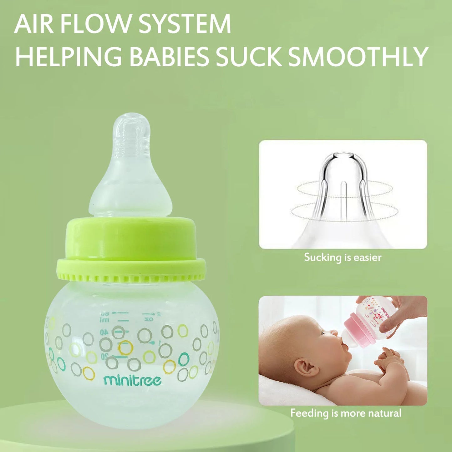 Baby bottle with green cap and air flow system feature on a green background