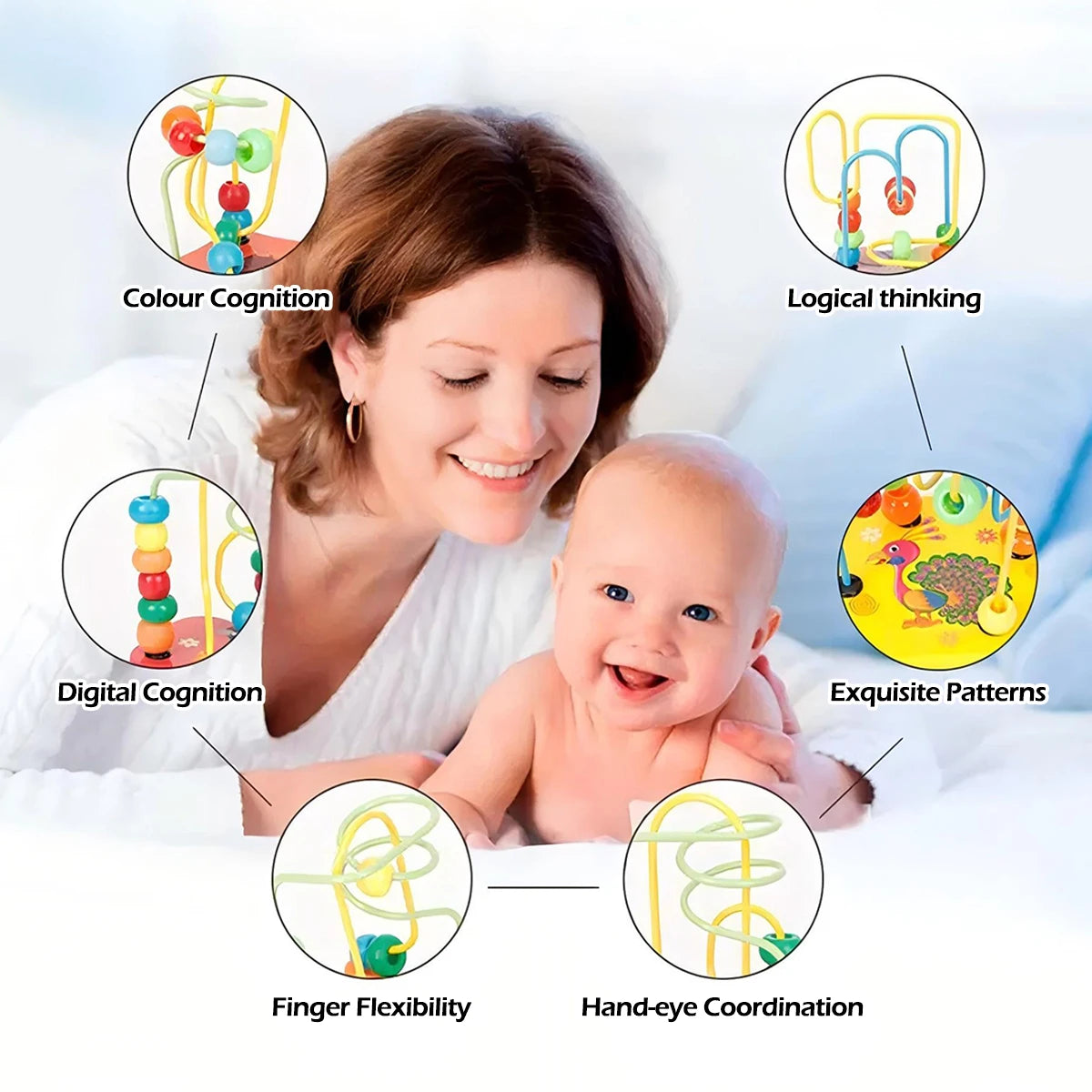 Woman and baby with educational toys highlighting cognitive development benefits