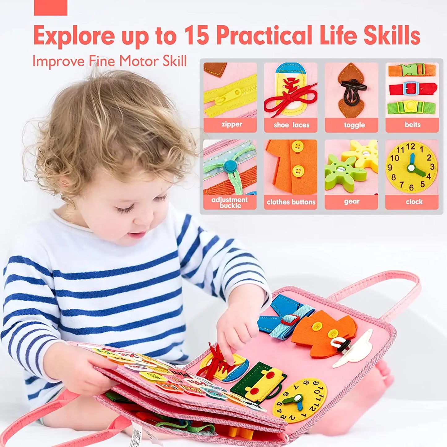 Child playing with a educational toy that teaches practical life skills.