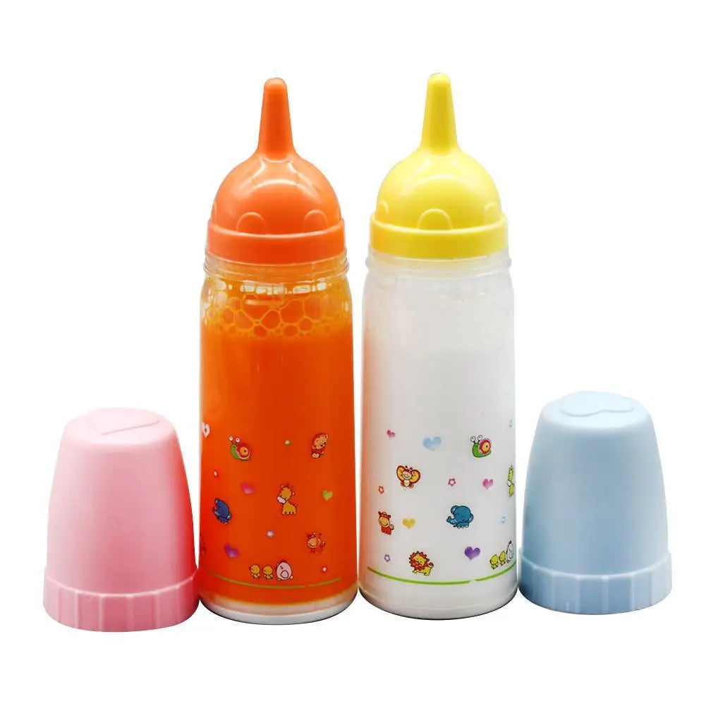 Set of colorful children's bottles with various colored caps on a white background