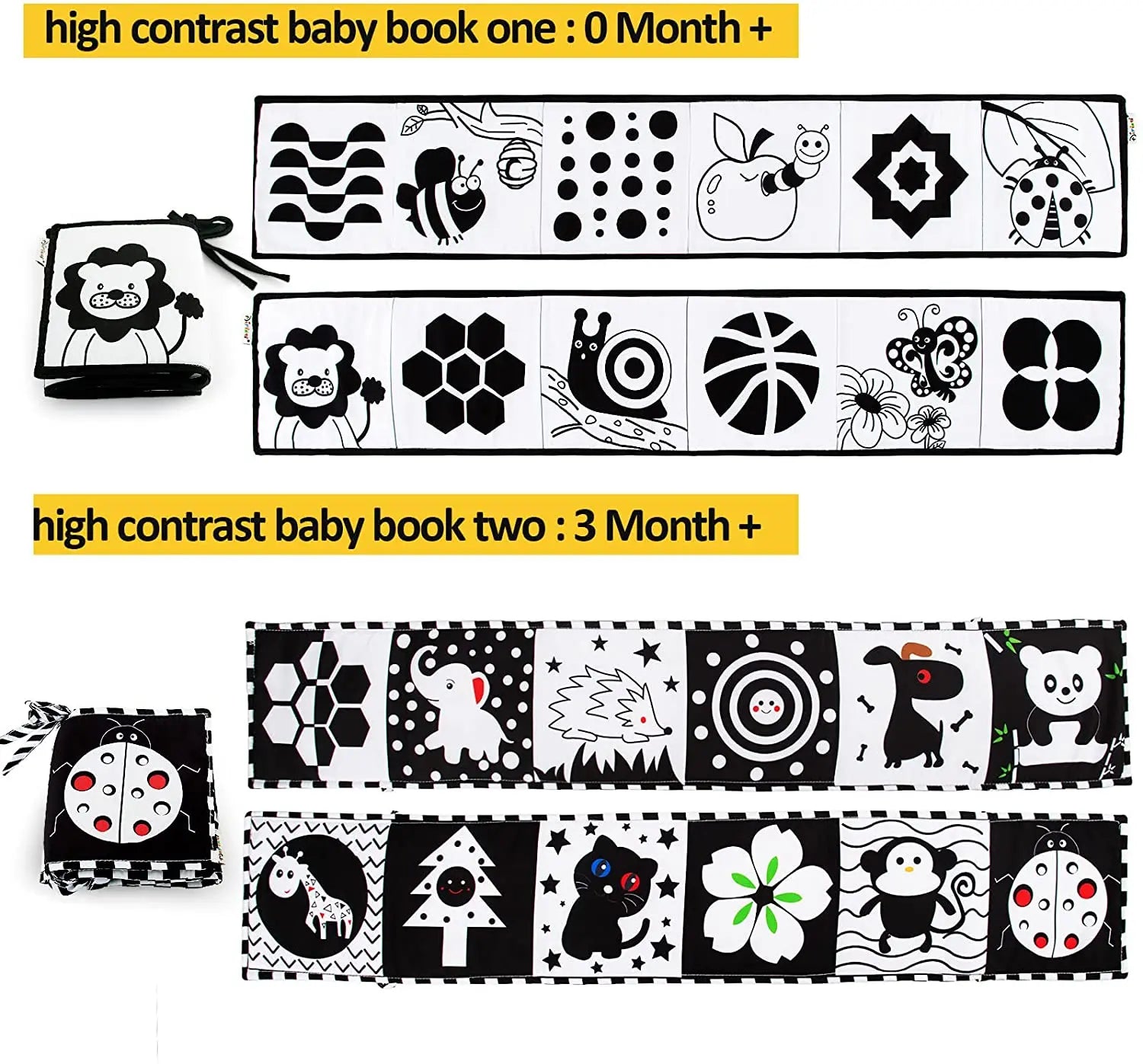 Two high contrast baby books with black and white patterns and illustrations.