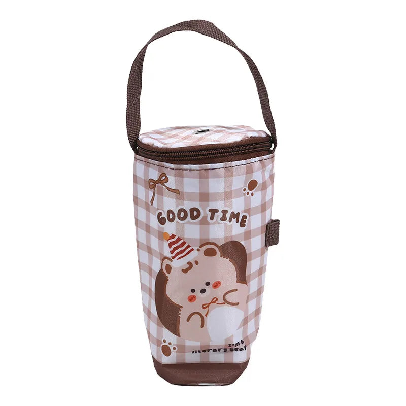 Plaid insulated bottle bag with cartoon hedgehog design and 'Good Time' text on a white background