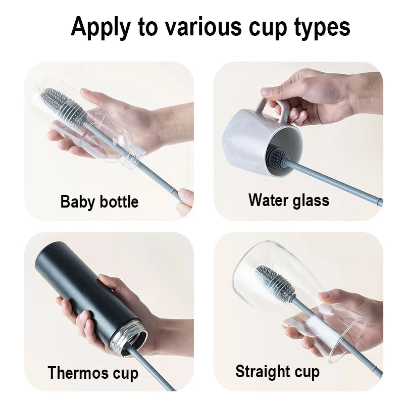 Cleaning brush being used on different types of cups including a baby bottle, water glass, thermos cup, and straight cup.