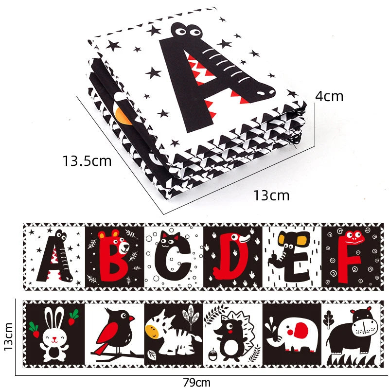 Children's alphabet banner with animal illustrations and measurements on a white background