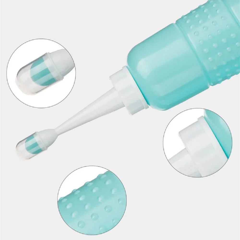 Teal and white baby toothbrush with close-up insets on a light gray background