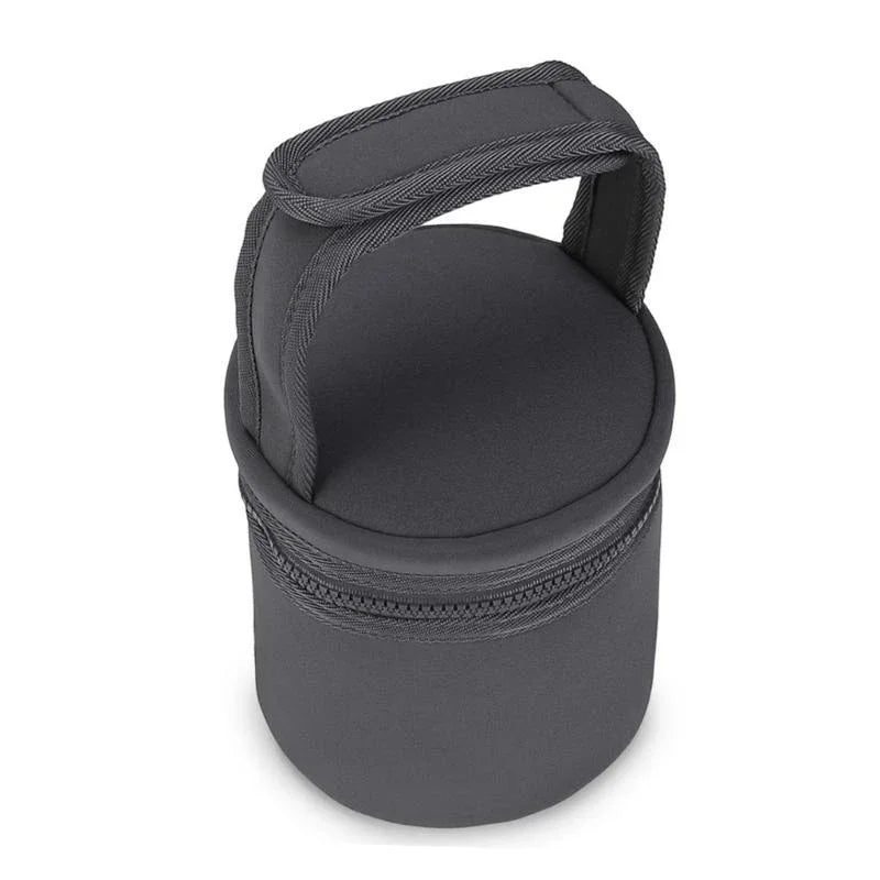 Black round carrying case with handle on a white background