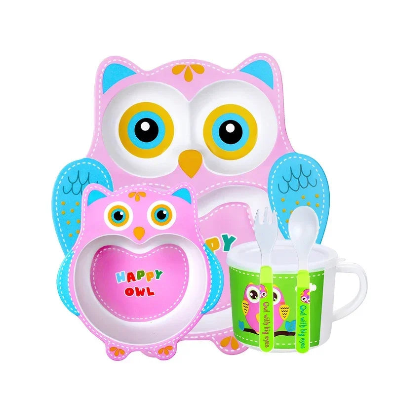 Owl-themed children's plate set with a mug on a white background