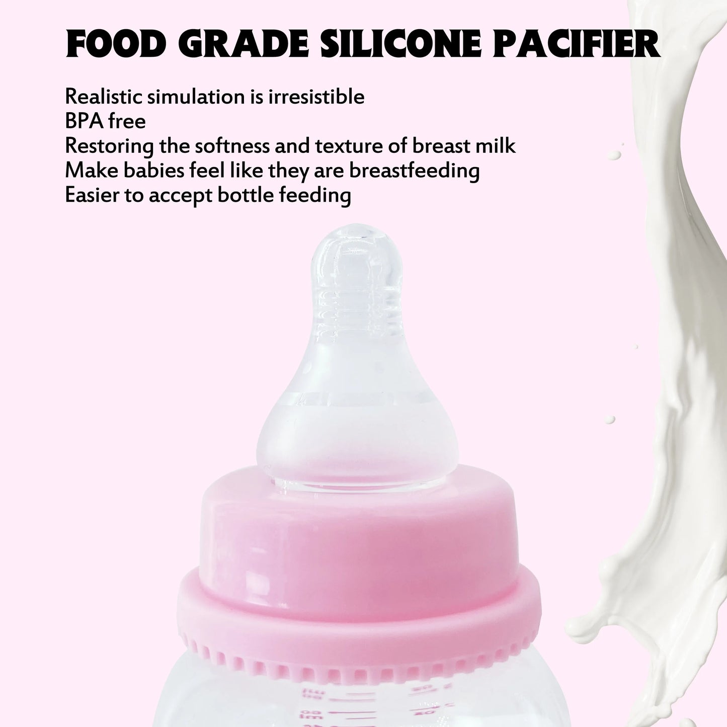 Pink silicone pacifier with text highlighting features on a white background