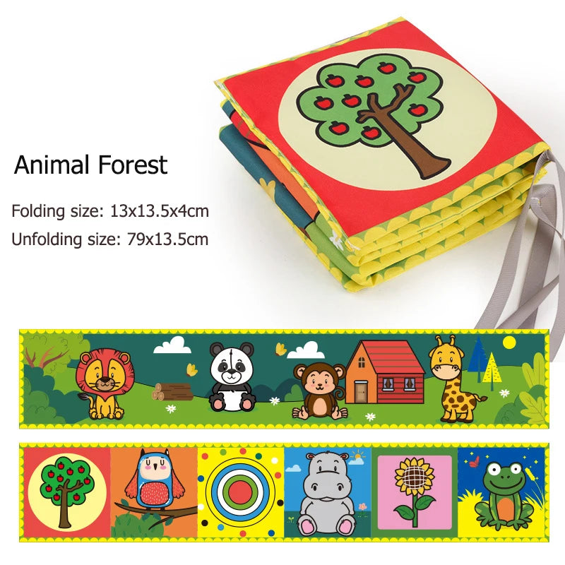 Children's soft book with animal illustrations on a white background
