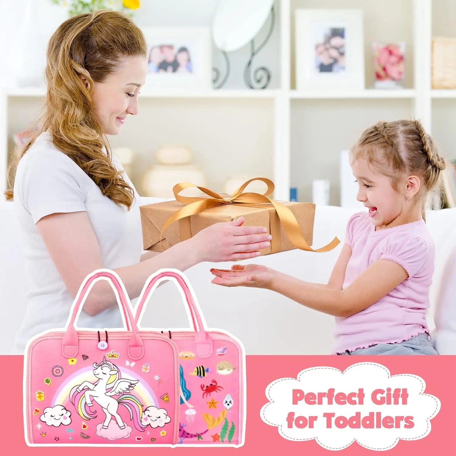 Woman and child with a pink bag featuring a unicorn design, labeled 'Perfect Gift for Toddlers'.