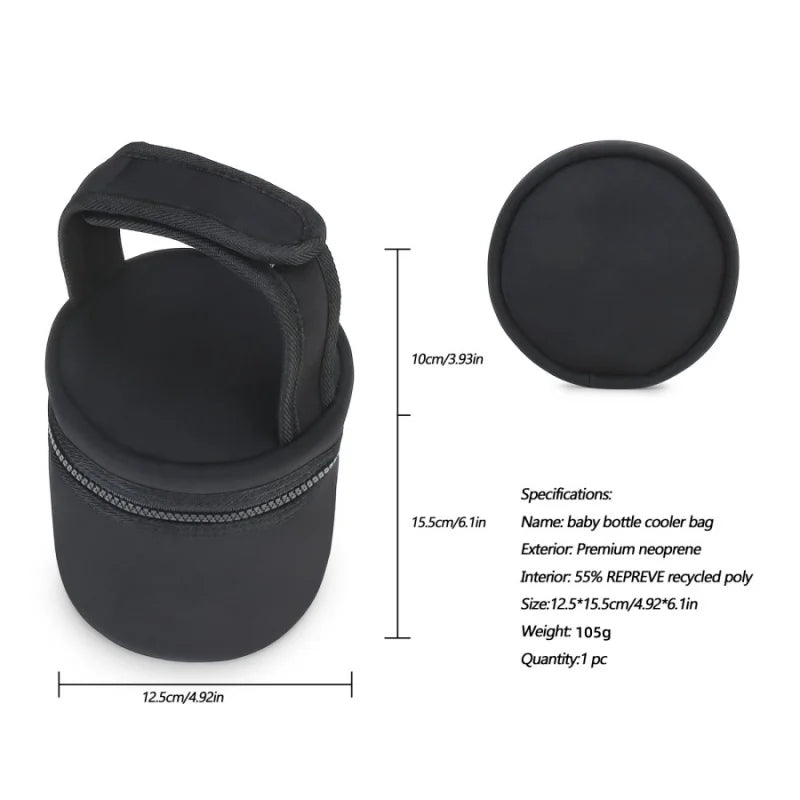 Black baby bottle cooler bag with dimensions and specifications on a white background