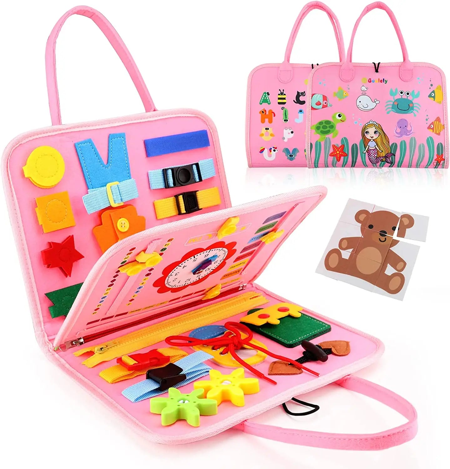 Pink educational toy set with various colorful pieces and a matching pink carrying case.