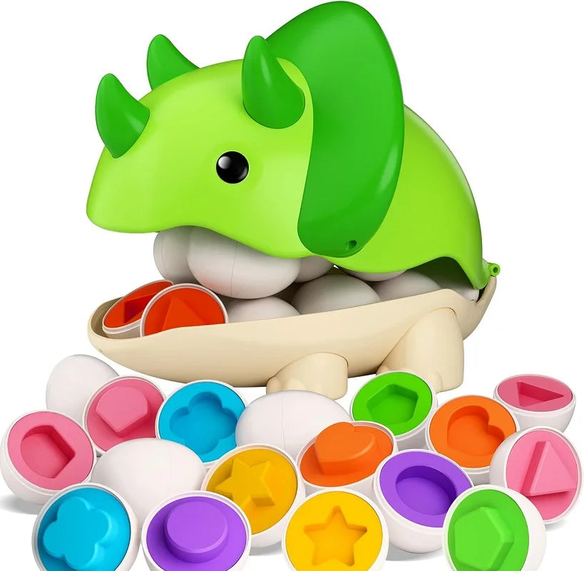 Toy dinosaur with colorful egg-shaped molds on a white background