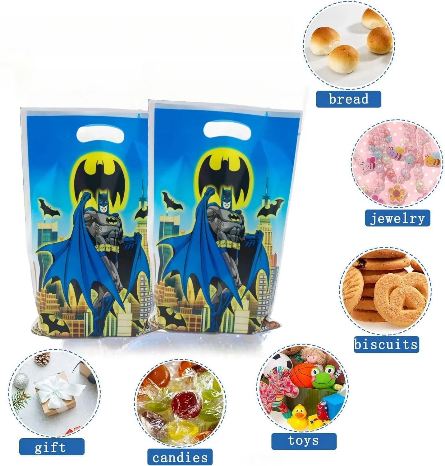 Two Batman-themed gift bags with illustrations of various items on a white background.